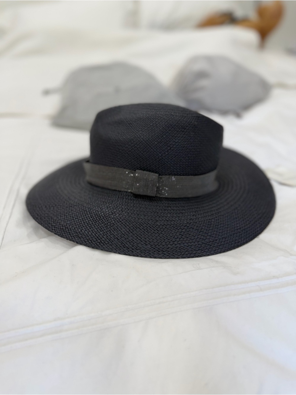 Brunello Cucinelli Black Wide-Brim Straw Fedora with Ribbon
